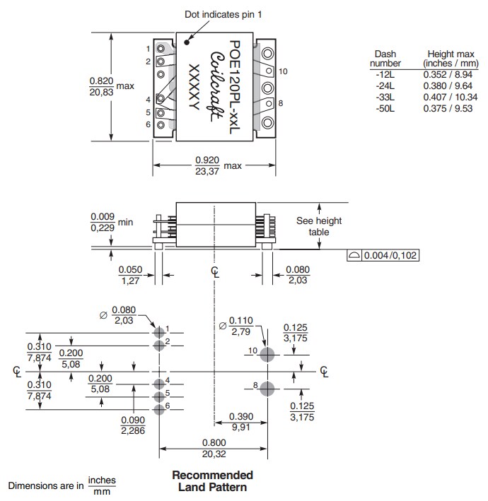 Mechanical Drawing - Coilcraft PoE120PL 120W Planar Transformers
